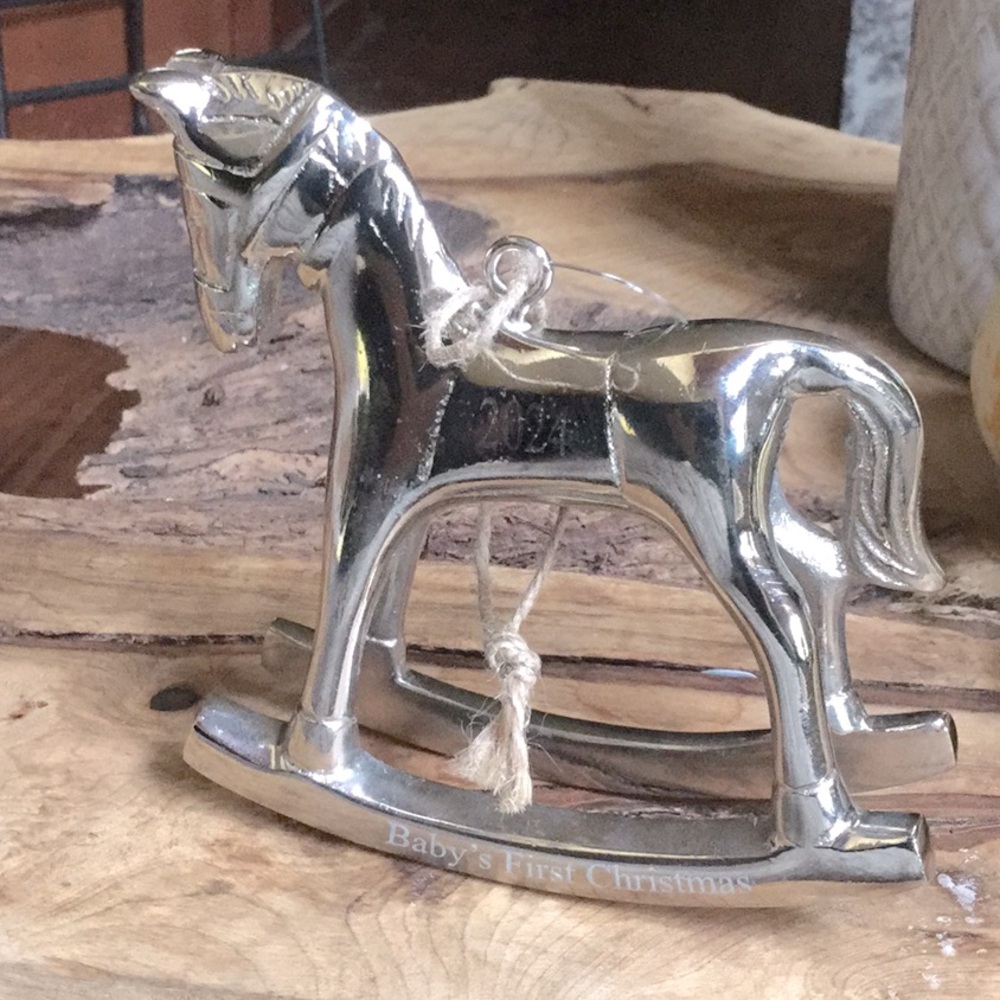 Pottery barn horse rocking Christmas tree ornament baby 1st cowgirl cowboy 24